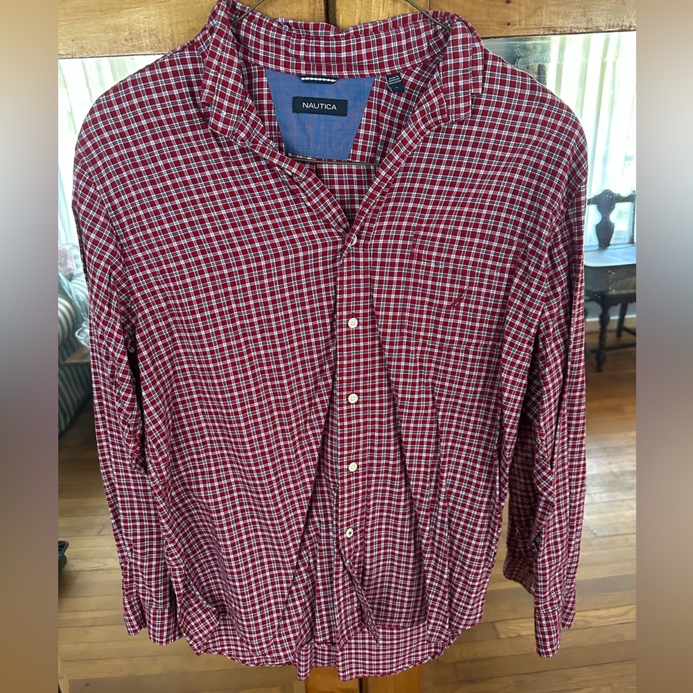Men’s Nautica  red, white and blue plaid shirt. Long sleeves. Size large.
